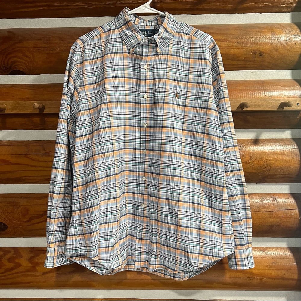 Ralph Lauren Orange and Blue Plaid Men’s‎ button up Shirt Large